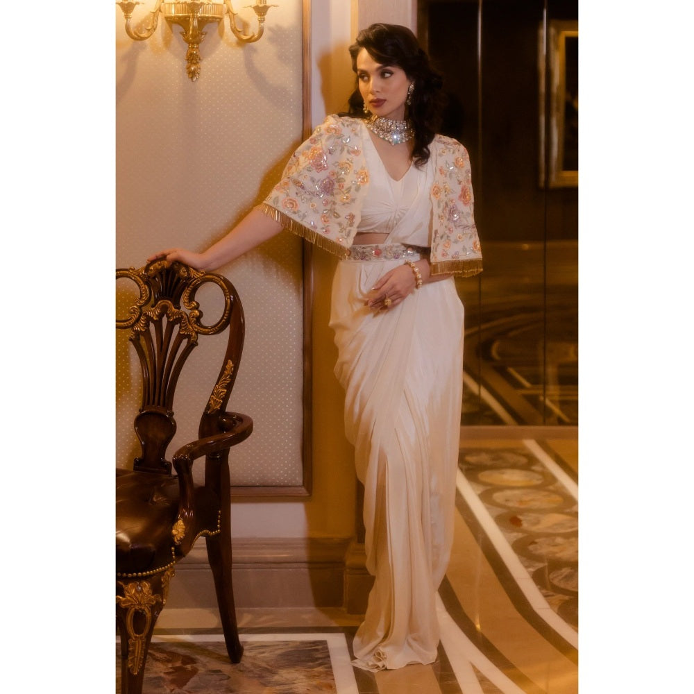 Paulmi Harsh Ivory Roman Draped Pre-Stitched Saree with Stitched