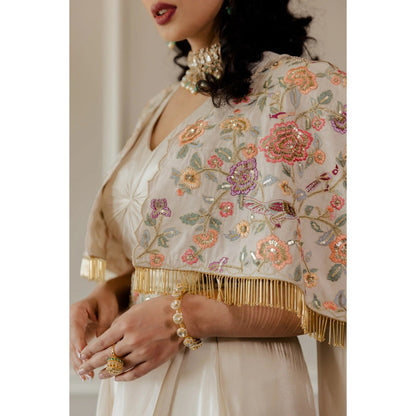 Paulmi Harsh Ivory Roman Draped Pre-Stitched Saree with Stitched