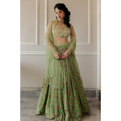 Paulmi Harsh Pista Green Chintz Lehenga Set (Set of 3)