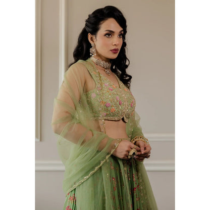 Paulmi Harsh Pista Green Chintz Lehenga Set (Set of 3)