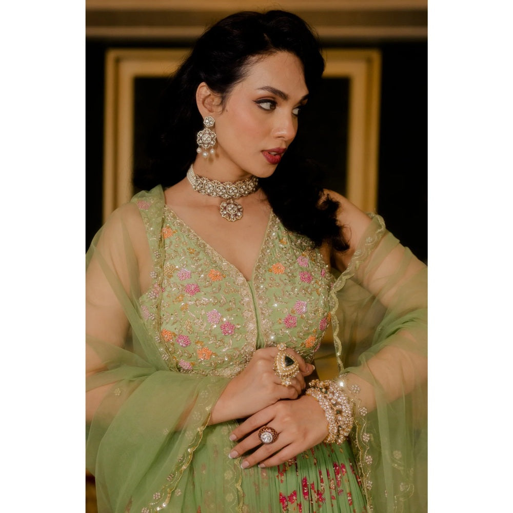 Paulmi Harsh Pista Green Chintz Lehenga Set (Set of 3)