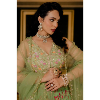 Paulmi Harsh Pista Green Chintz Lehenga Set (Set of 3)