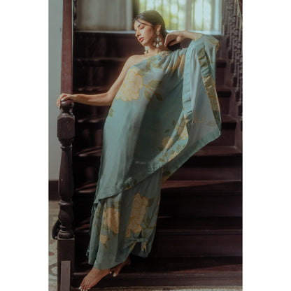 Paulmi & Harsh Rose Printed Teapot Blue One Shoulder Placement Dress (Set of 2)