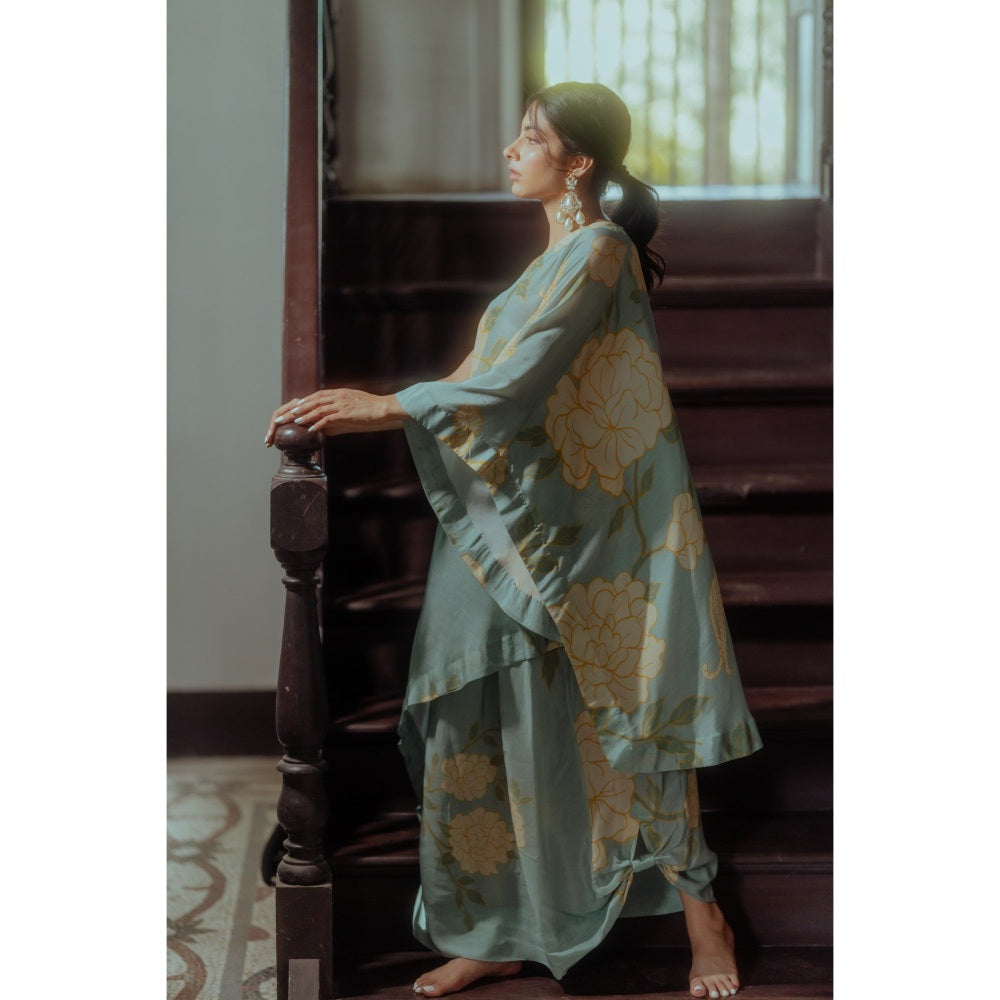 Paulmi & Harsh Rose Printed Teapot Blue One Shoulder Placement Dress (Set of 2)