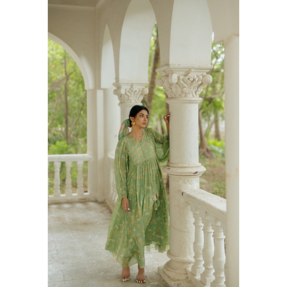 Paulmi & Harsh Fern Green Bagh Printed Dress