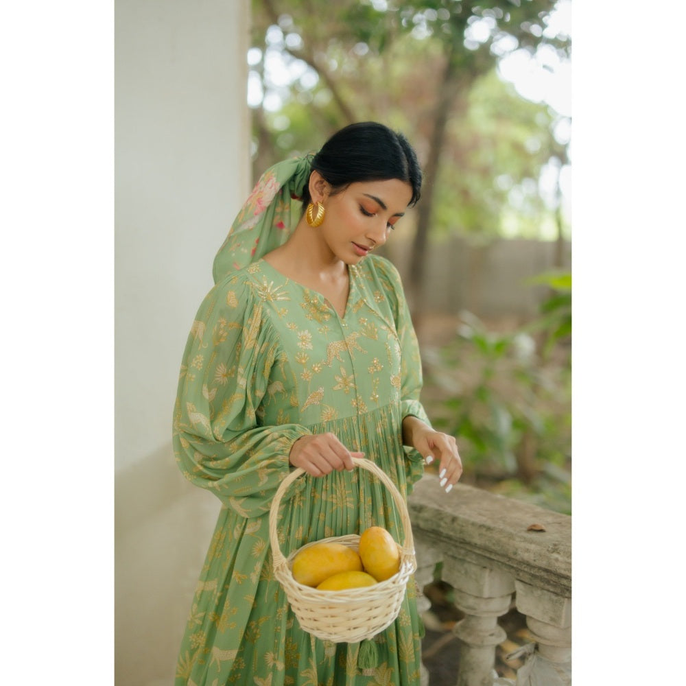 Paulmi & Harsh Fern Green Bagh Printed Dress