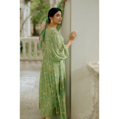 Paulmi & Harsh Fern Green Bagh Printed Dress