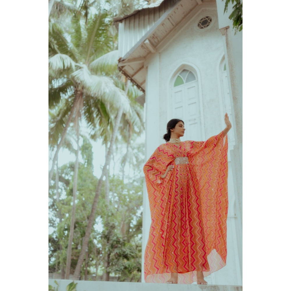 Paulmi & Harsh Mirrorwork Multicoloured Zigzag Kaftan (Set of 2)