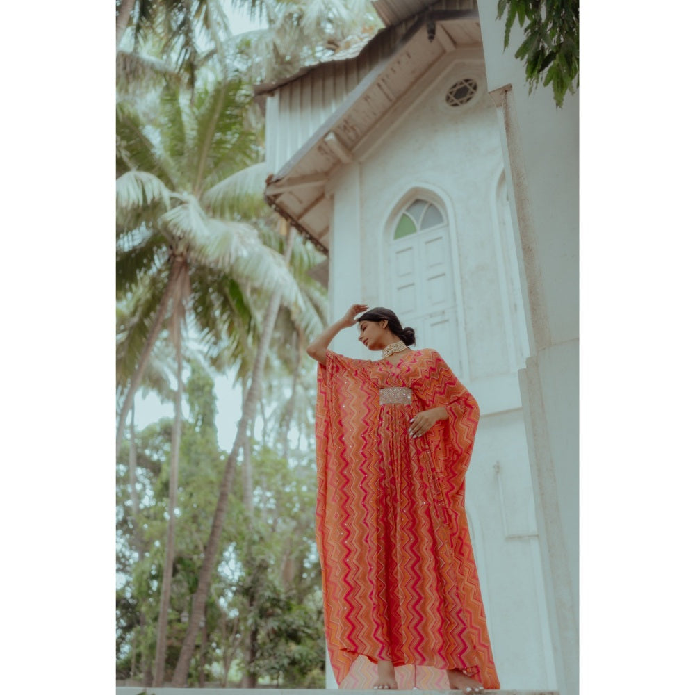 Paulmi & Harsh Mirrorwork Multicoloured Zigzag Kaftan (Set of 2)