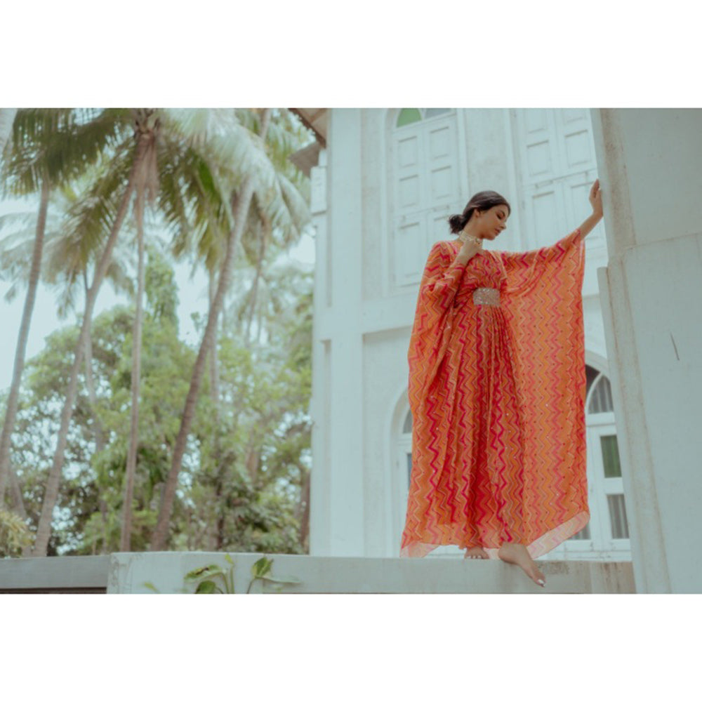 Paulmi & Harsh Mirrorwork Multicoloured Zigzag Kaftan (Set of 2)