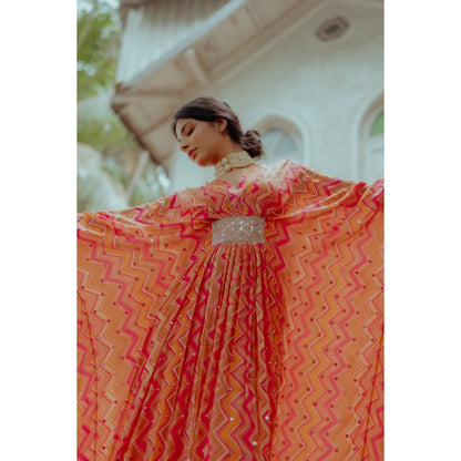 Paulmi & Harsh Mirrorwork Multicoloured Zigzag Kaftan (Set of 2)