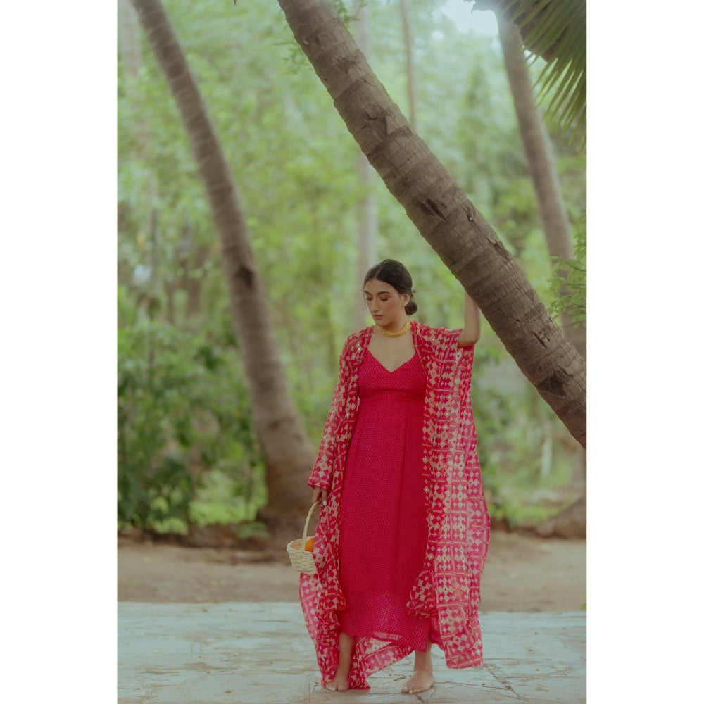 Paulmi & Harsh Rani Pink Dotted Printed Slit Dress (Set of 2)