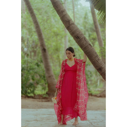 Paulmi & Harsh Rani Pink Dotted Printed Slit Dress (Set of 2)