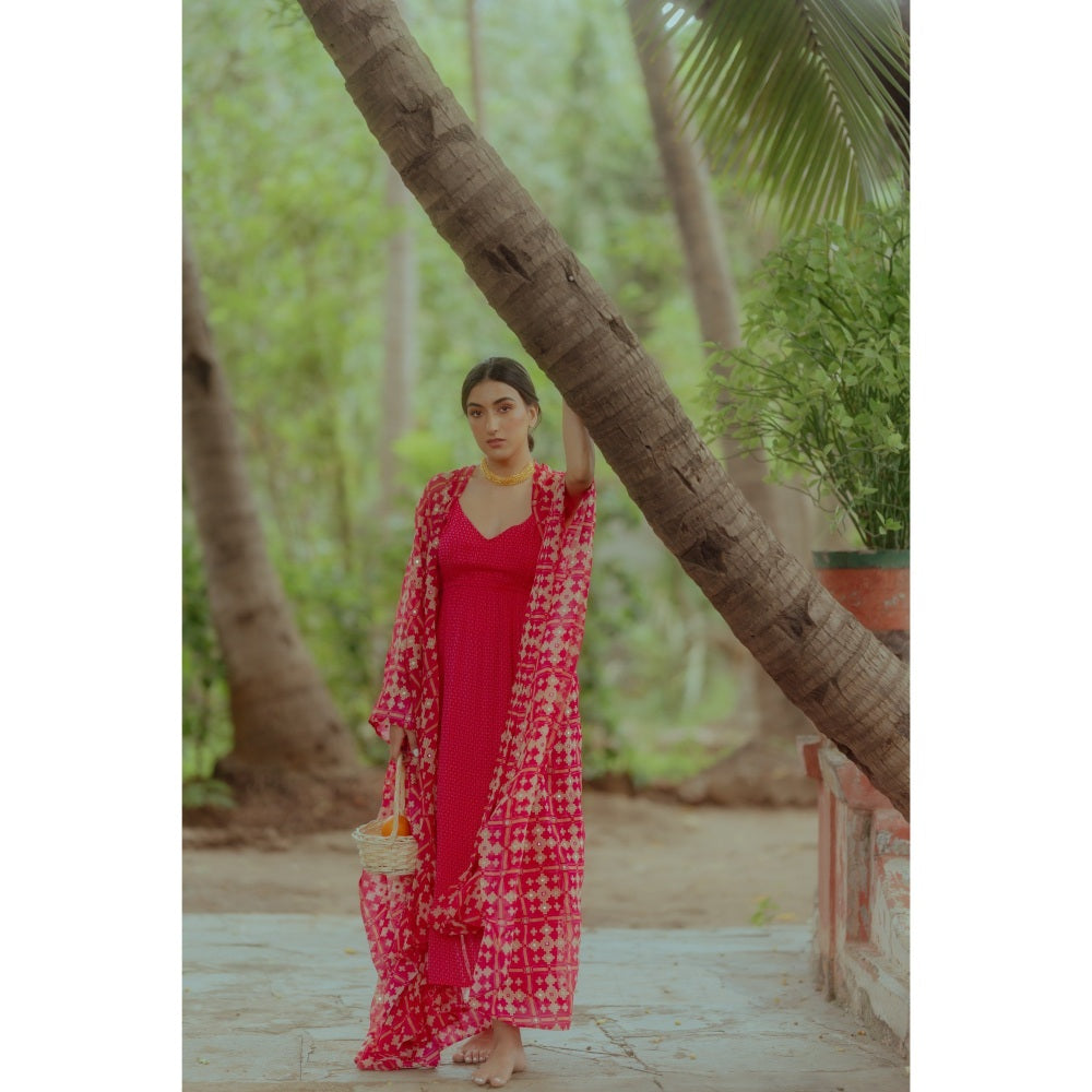 Paulmi & Harsh Rani Pink Dotted Printed Slit Dress (Set of 2)