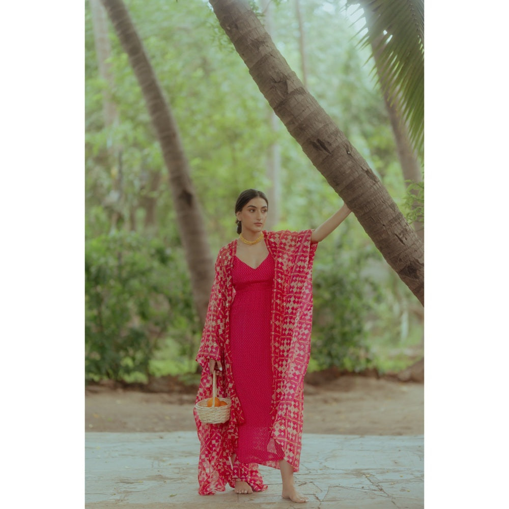 Paulmi & Harsh Rani Pink Dotted Printed Slit Dress (Set of 2)