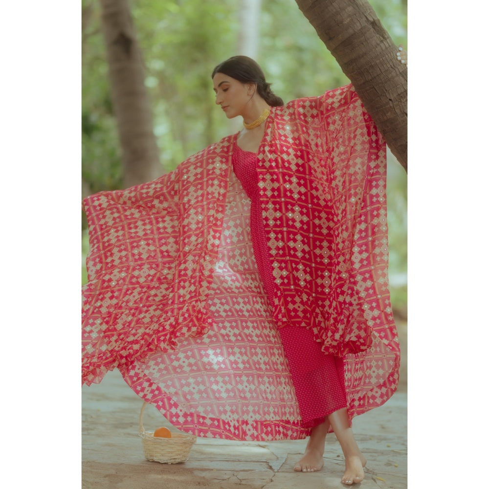 Paulmi & Harsh Rani Pink Dotted Printed Slit Dress (Set of 2)