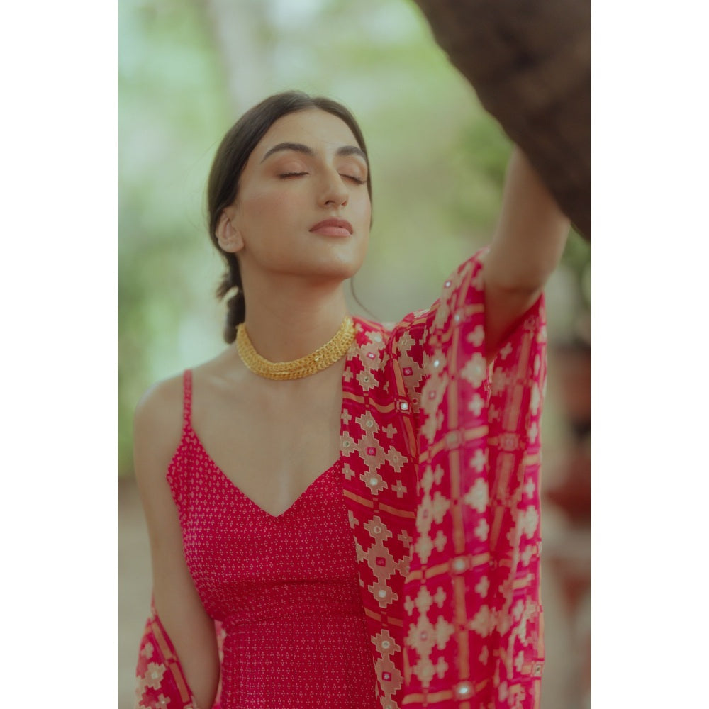 Paulmi & Harsh Rani Pink Dotted Printed Slit Dress (Set of 2)