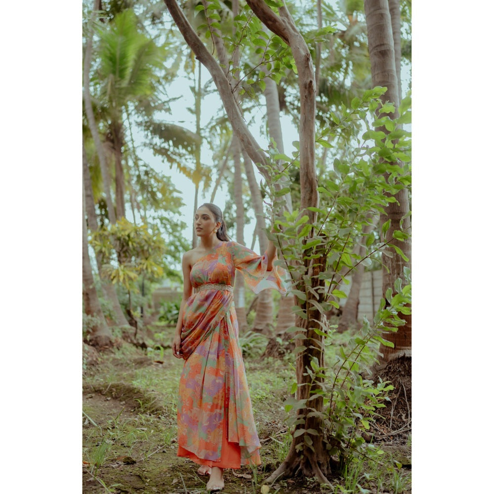 Paulmi & Harsh Naksha Print One Shoulder Top with Drape Skirt (Set of 3)
