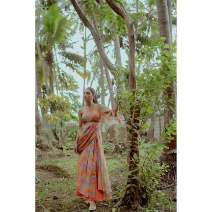 Paulmi & Harsh Naksha Print One Shoulder Top with Drape Skirt (Set of 3)