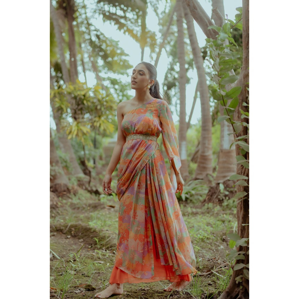 Paulmi & Harsh Naksha Print One Shoulder Top with Drape Skirt (Set of 3)