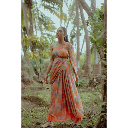 Paulmi & Harsh Naksha Print One Shoulder Top with Drape Skirt (Set of 3)