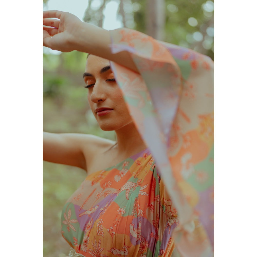 Paulmi & Harsh Naksha Print One Shoulder Top with Drape Skirt (Set of 3)