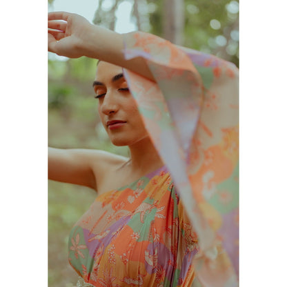 Paulmi & Harsh Naksha Print One Shoulder Top with Drape Skirt (Set of 3)