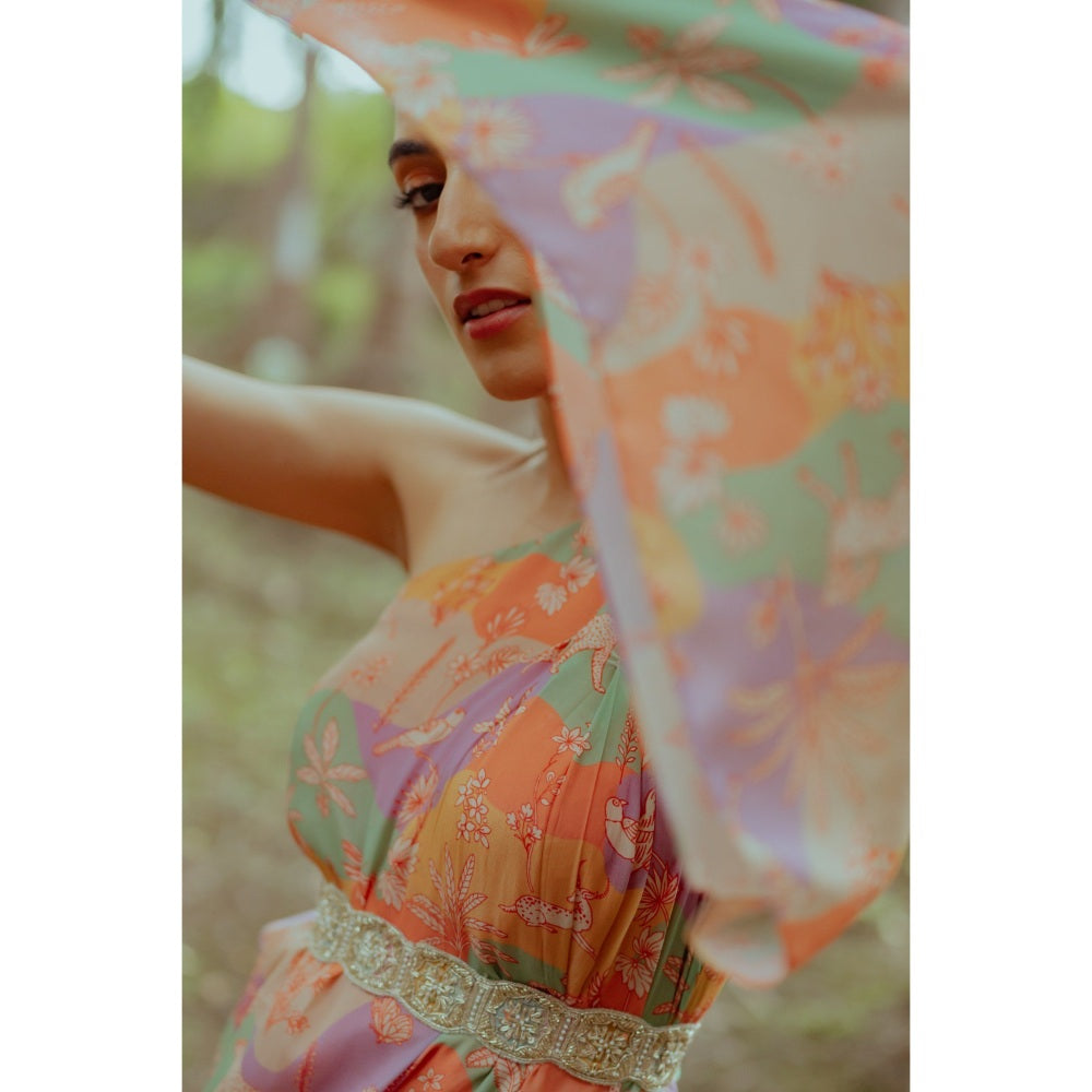 Paulmi & Harsh Naksha Print One Shoulder Top with Drape Skirt (Set of 3)