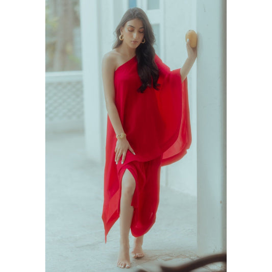 Paulmi & Harsh Rani Pink One Shoulder Top with Drape Skirt (Set of 2)