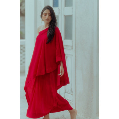 Paulmi & Harsh Rani Pink One Shoulder Top with Drape Skirt (Set of 2)