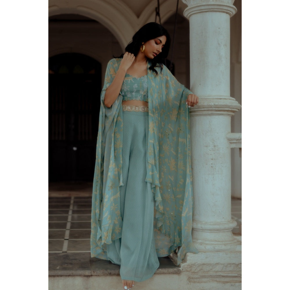 Paulmi & Harsh Tea Pot Blue Bagh Printed with Long Drama Jacket (Set of 4)