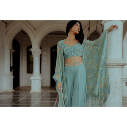 Paulmi & Harsh Tea Pot Blue Bagh Printed with Long Drama Jacket (Set of 4)