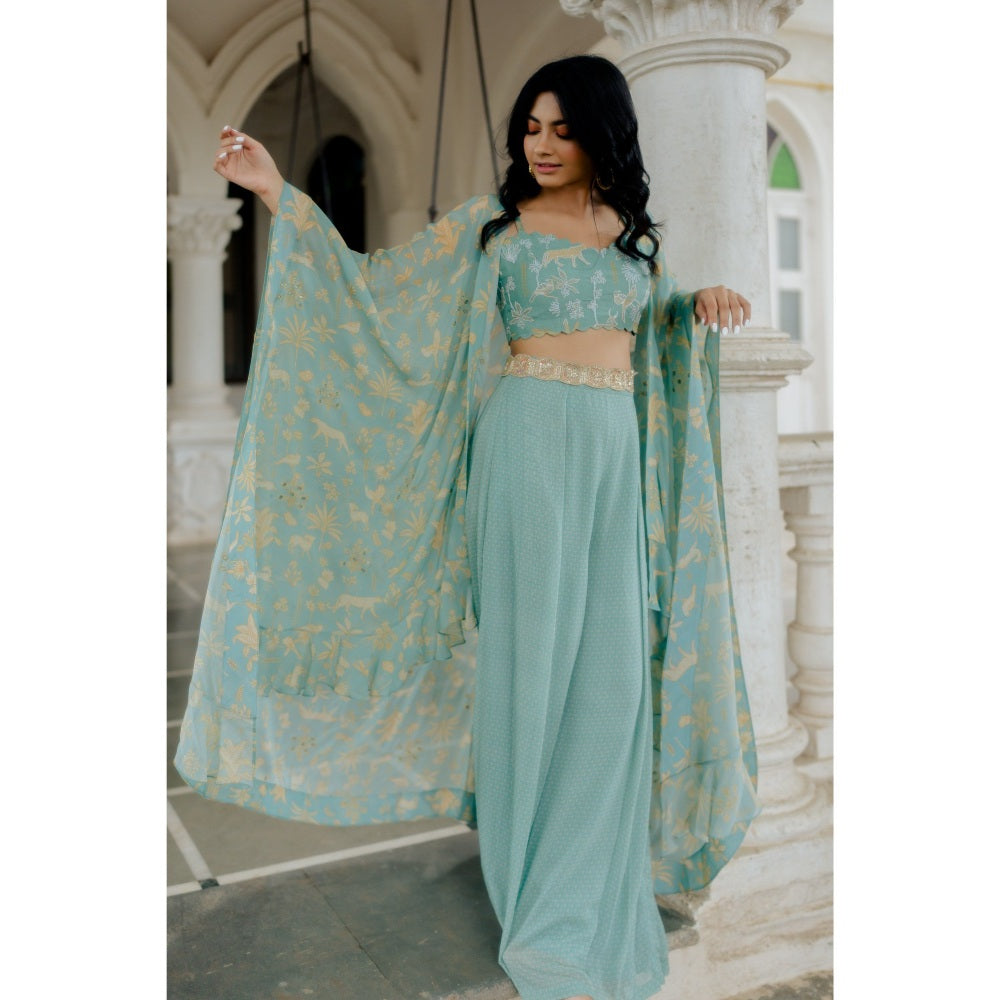 Paulmi & Harsh Tea Pot Blue Bagh Printed with Long Drama Jacket (Set of 4)