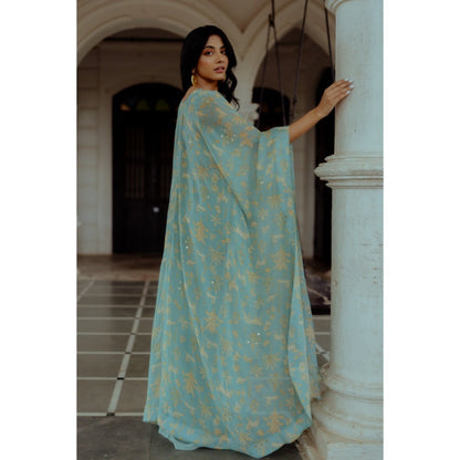 Paulmi & Harsh Tea Pot Blue Bagh Printed with Long Drama Jacket (Set of 4)