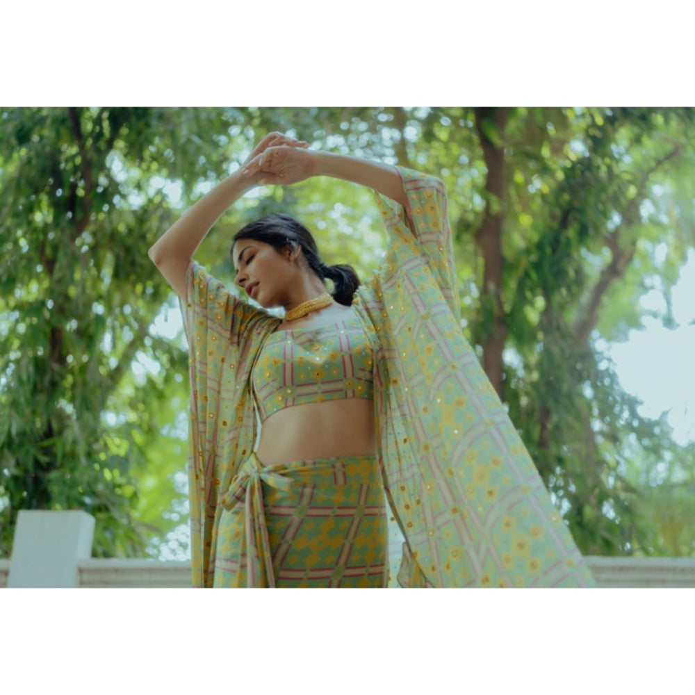 Paulmi & Harsh Geometric Print with Drama Jacket and Crop Top (Set of 3)