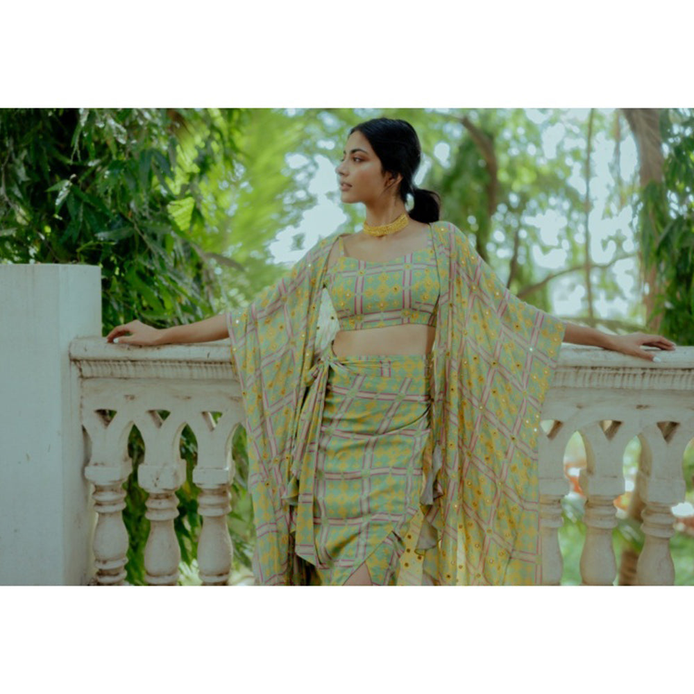 Paulmi & Harsh Geometric Print with Drama Jacket and Crop Top (Set of 3)