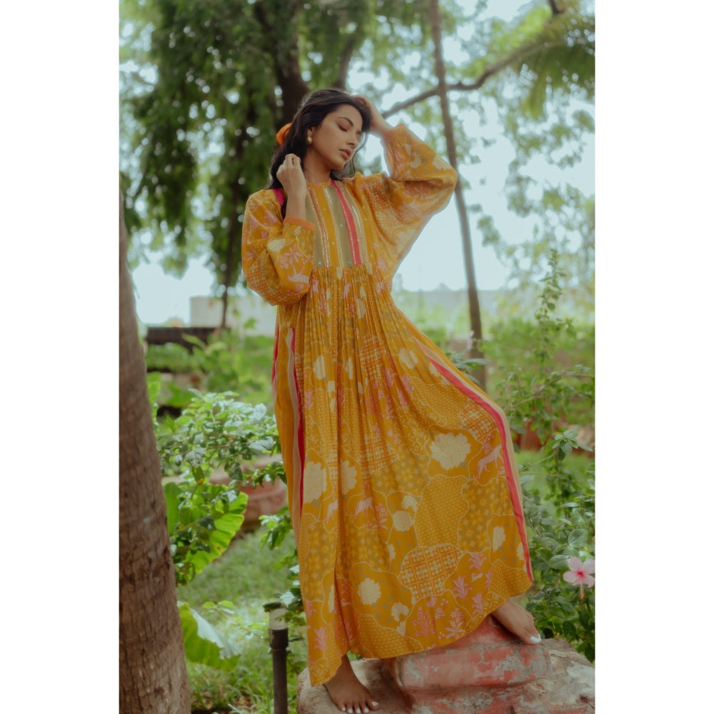 Paulmi & Harsh Naksha Printed Gathered Maxi with Striped Yoke