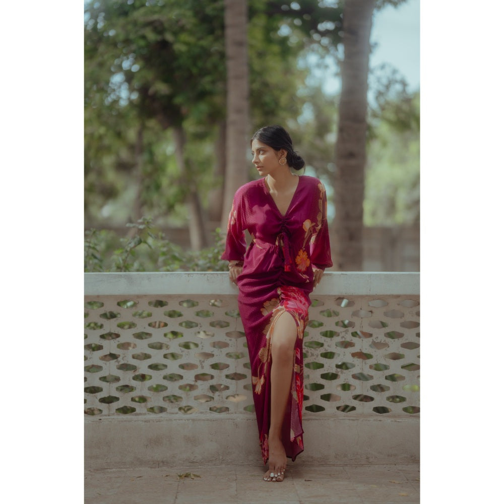 Paulmi & Harsh Grape Printed Ruched Dress with Slit