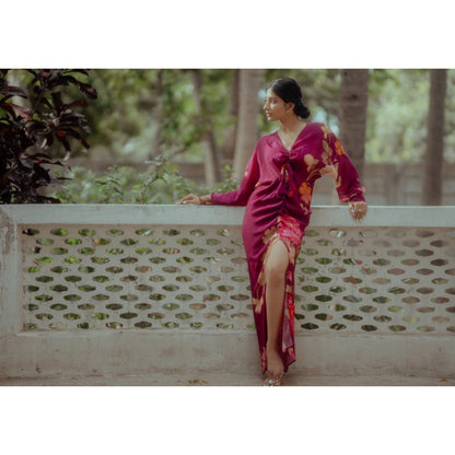 Paulmi & Harsh Grape Printed Ruched Dress with Slit