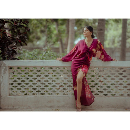 Paulmi & Harsh Grape Printed Ruched Dress with Slit