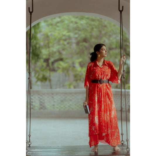 Paulmi & Harsh Poppy Red Rose Asymmetrical Shirt Dress (Set of 2)