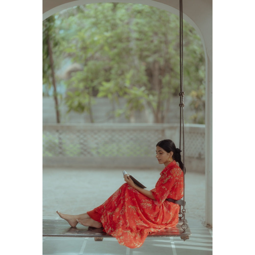 Paulmi & Harsh Poppy Red Rose Asymmetrical Shirt Dress (Set of 2)