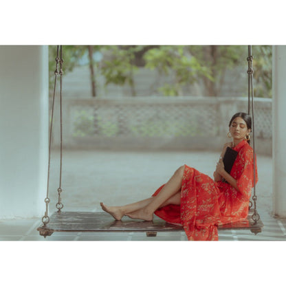 Paulmi & Harsh Poppy Red Rose Asymmetrical Shirt Dress (Set of 2)