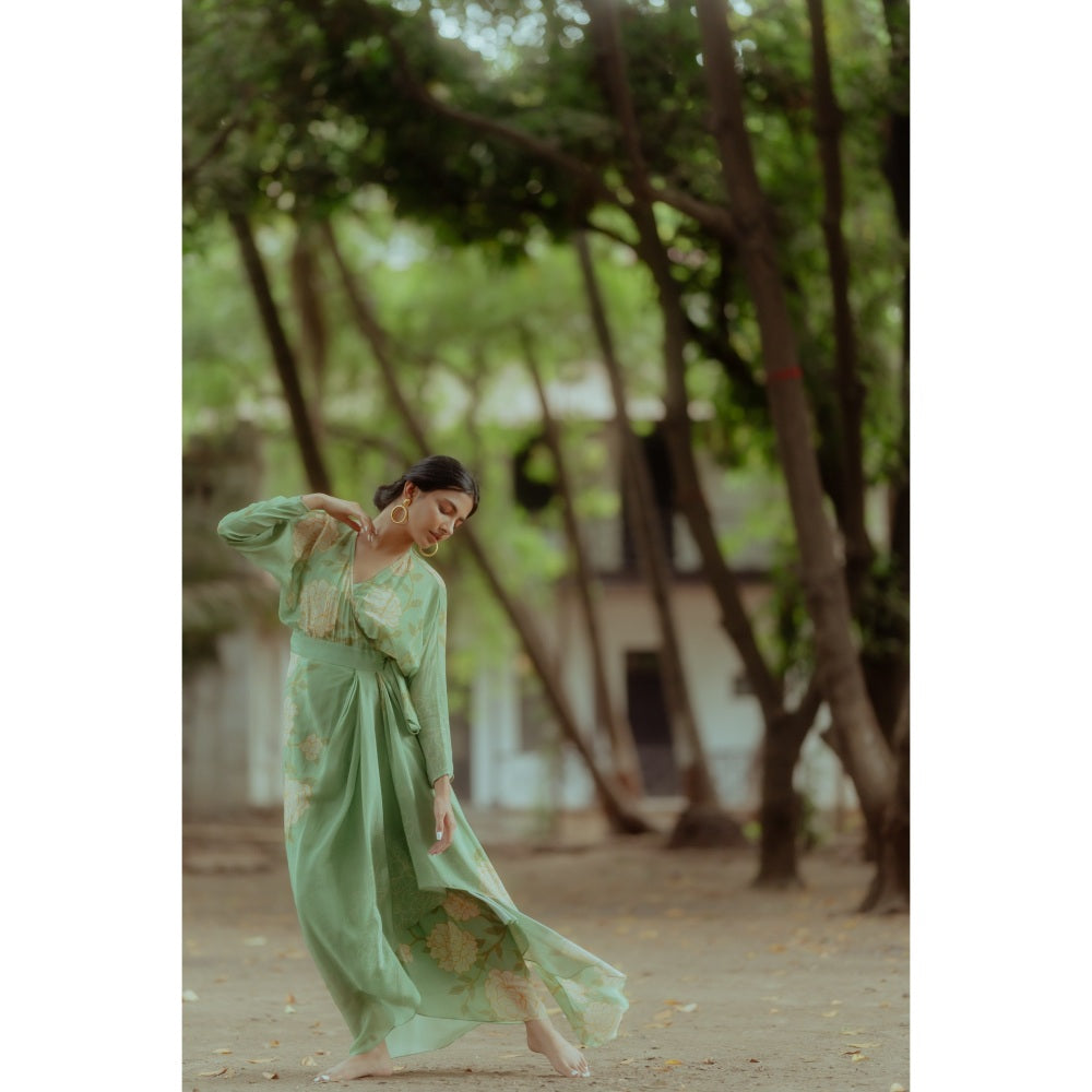 Paulmi & Harsh Fern Green White Rose Wrap Around Dress