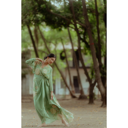 Paulmi & Harsh Fern Green White Rose Wrap Around Dress