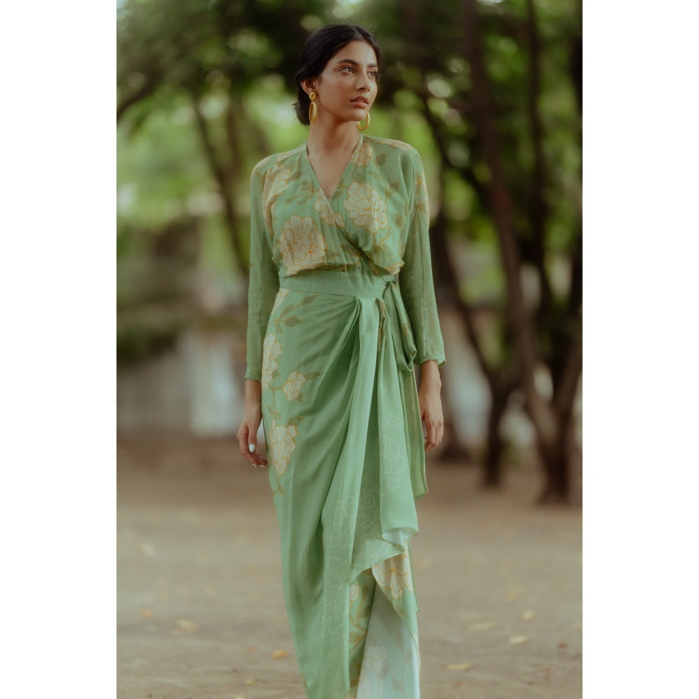 Paulmi & Harsh Fern Green White Rose Wrap Around Dress