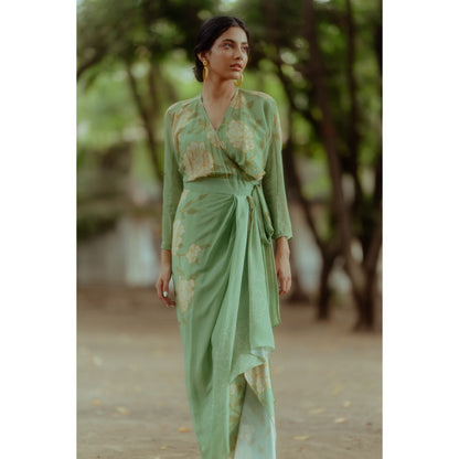 Paulmi & Harsh Fern Green White Rose Wrap Around Dress