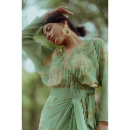 Paulmi & Harsh Fern Green White Rose Wrap Around Dress