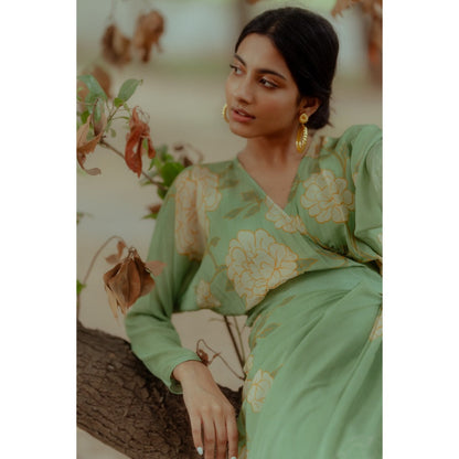 Paulmi & Harsh Fern Green White Rose Wrap Around Dress