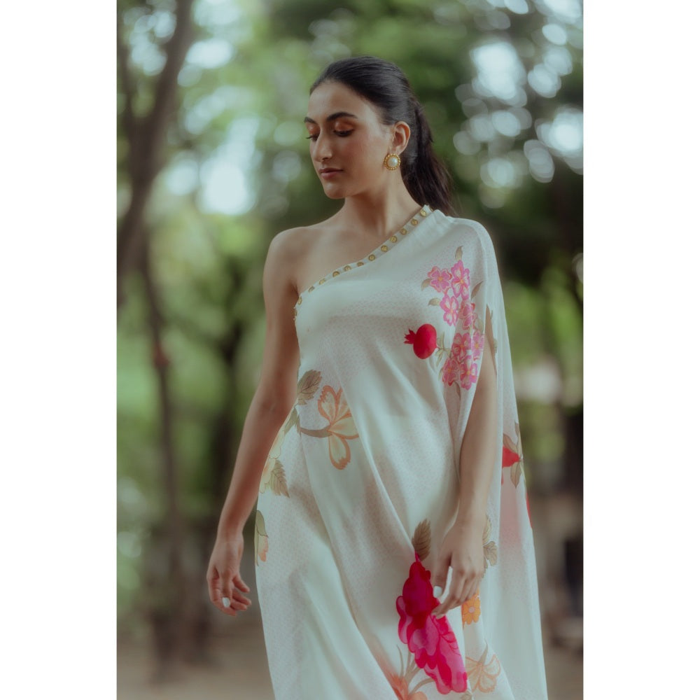 Paulmi & Harsh Rose And Anar Print One Shoulder Dress with Coin Detailing (Set of 2)